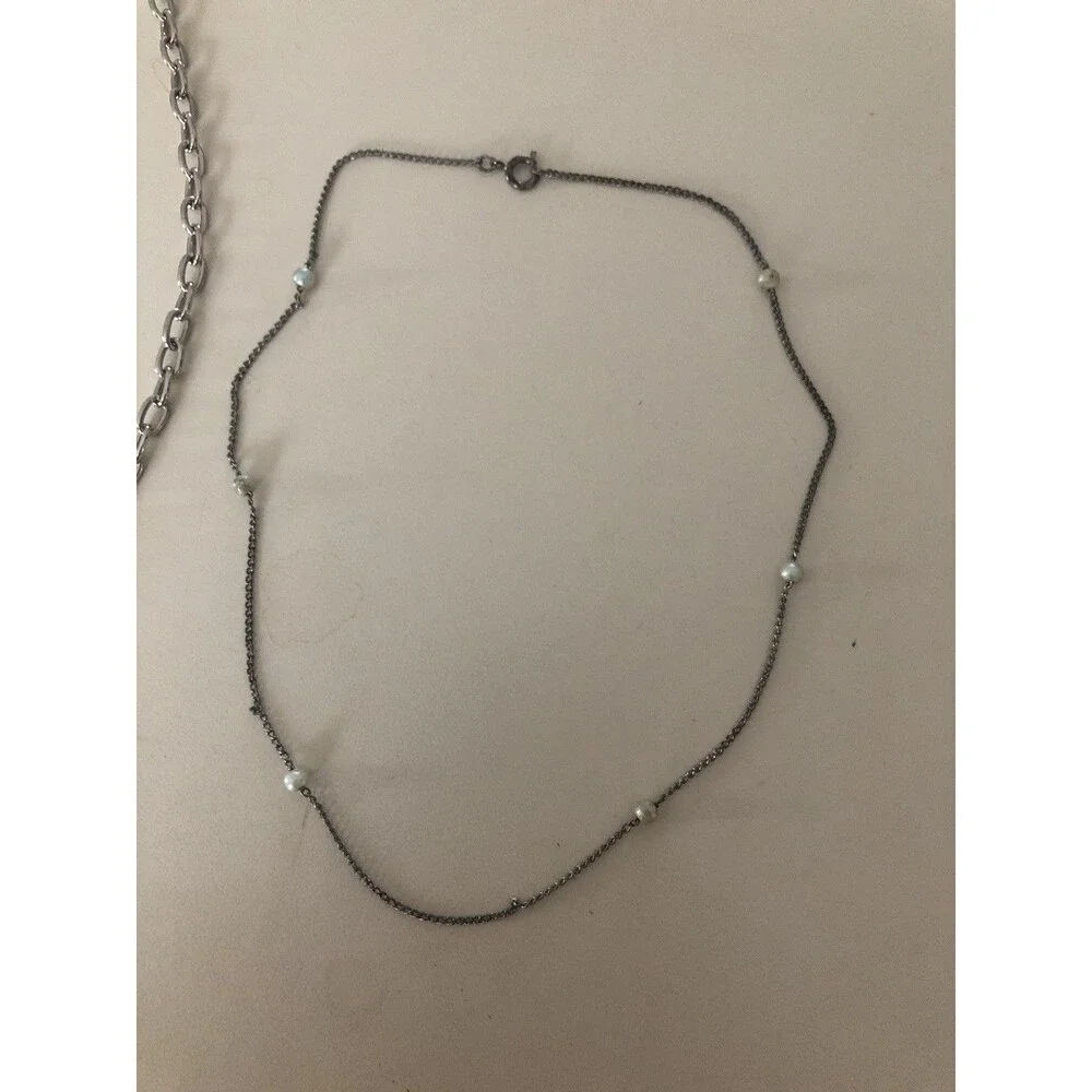 Lot of 2 Silvertone Colorful Flat Rock Like missing clasp -‎ pearl mini necklace